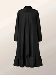  Solid Button Up Long Sleeve Ruffle Trim Midi Shirt Dress