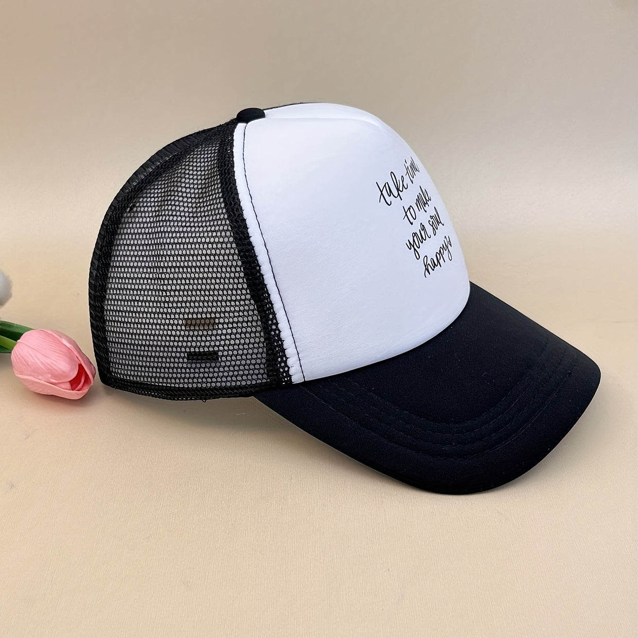 Happy Letter Print Trucker Hat Lightweight Mesh Baseball Cap Adjustable Dad Hats