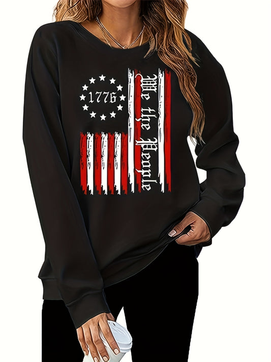  Flag Print Long Sleeve Round Neck Pullover Top