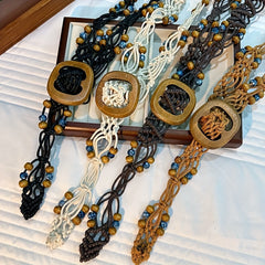 Boho Braided Belt with Vintage Wood Beads