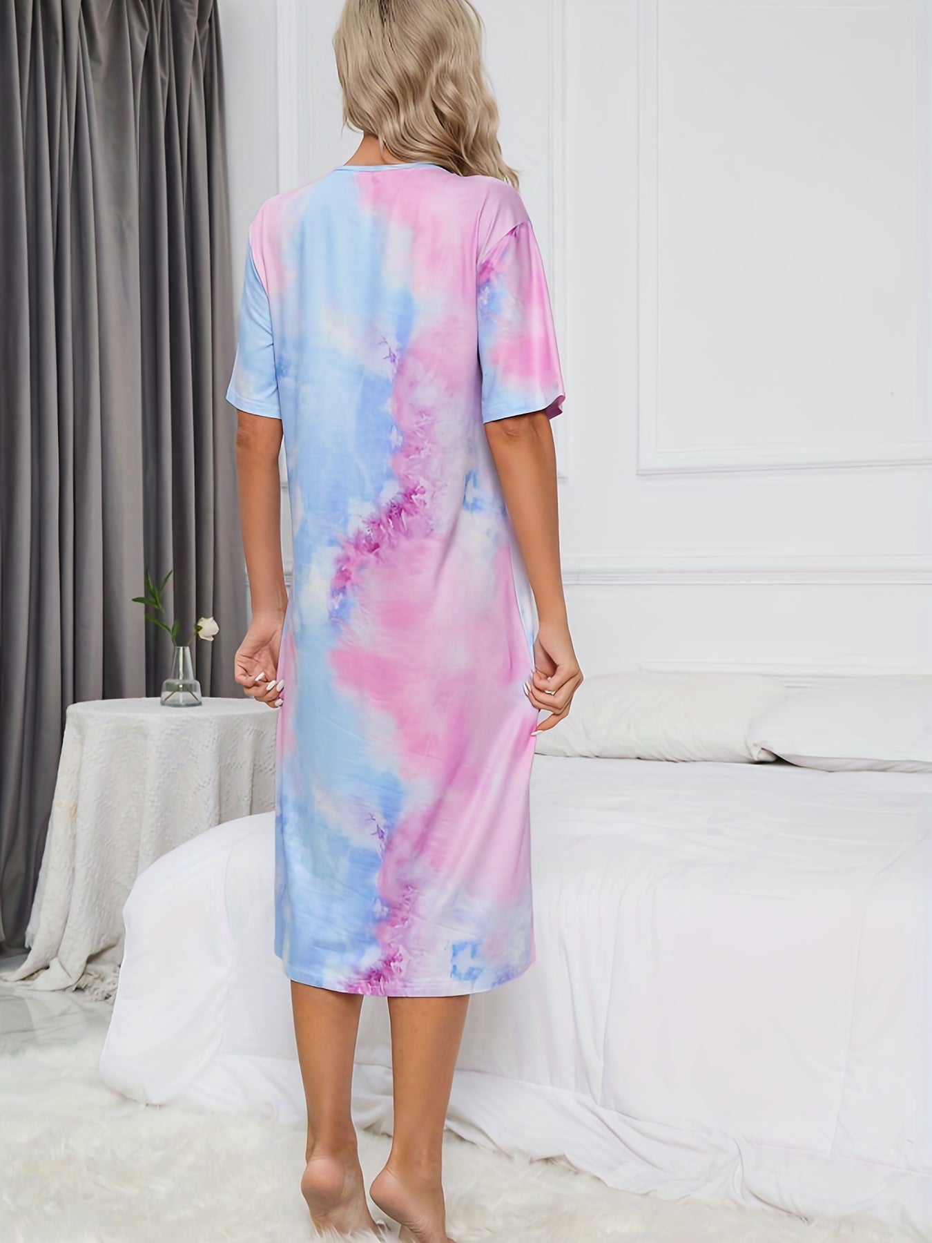 Tie Dye Letter Print Lounge Dress Short Sleeve Long Dress Women's Loungewear