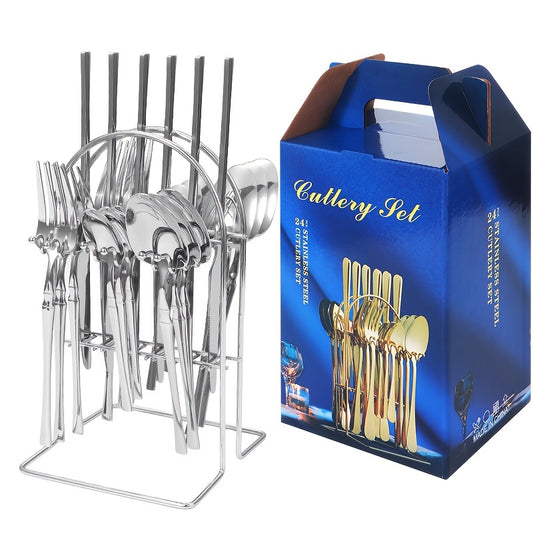 24pcs Stainless Steel Small Waist Western Cutlery Set with Rack