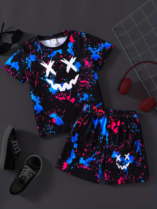 Boys Graffiti & Smile Face Print T-shirt & Shorts Set