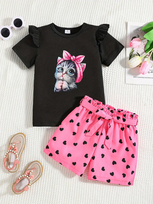 2pcs Toddler Girls Cat Graphic T Shirt & Heart Graphic Shorts Set