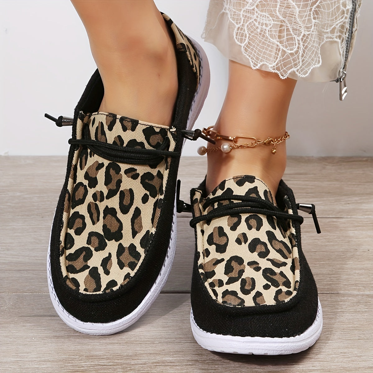 Leopard Print Loafers Lace-Up Canvas Shoes
