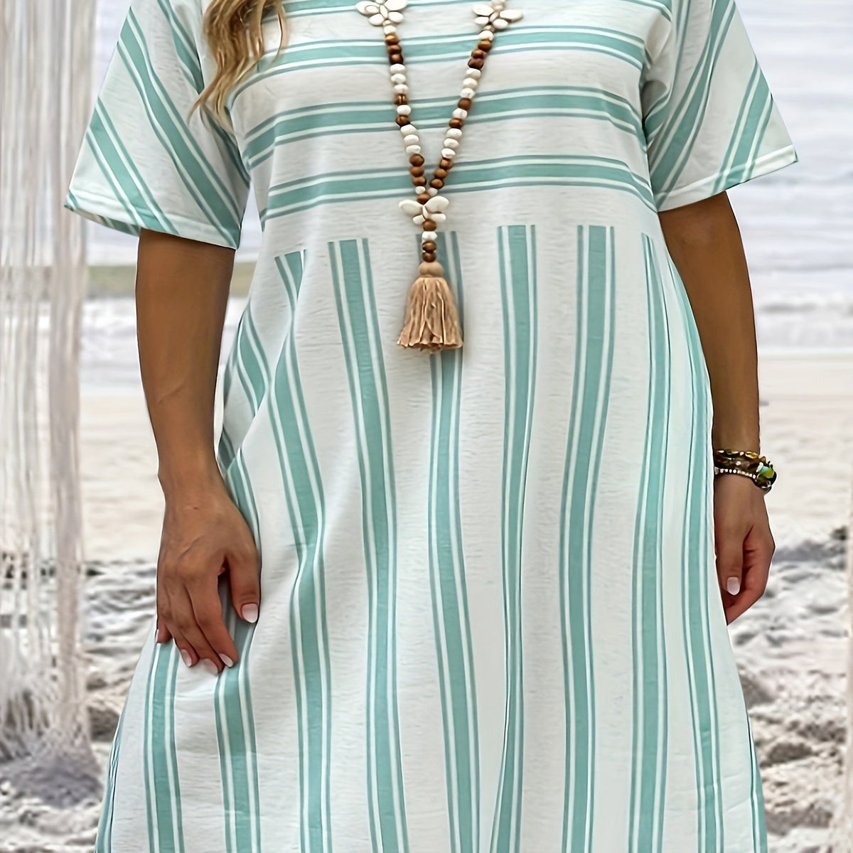  Striped Short Sleeve Midi Dress