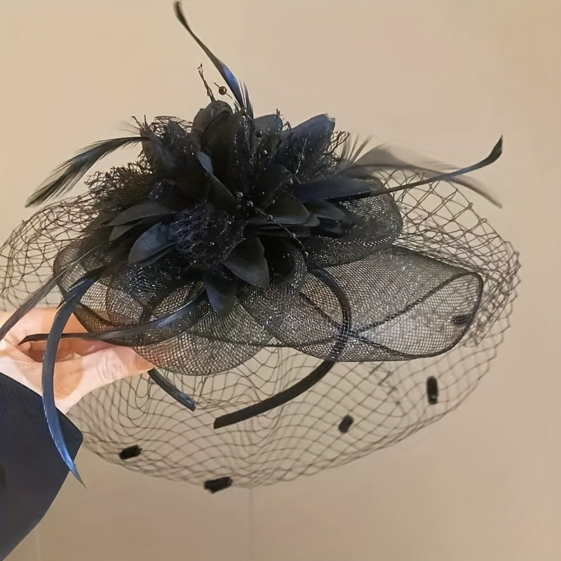 Vintage-Inspired Fascinator Headband with Mesh Veil and Flower