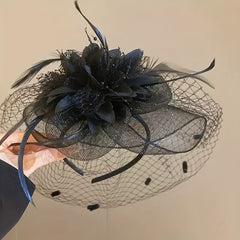 Vintage-Inspired Fascinator Headband with Mesh Veil and Flower