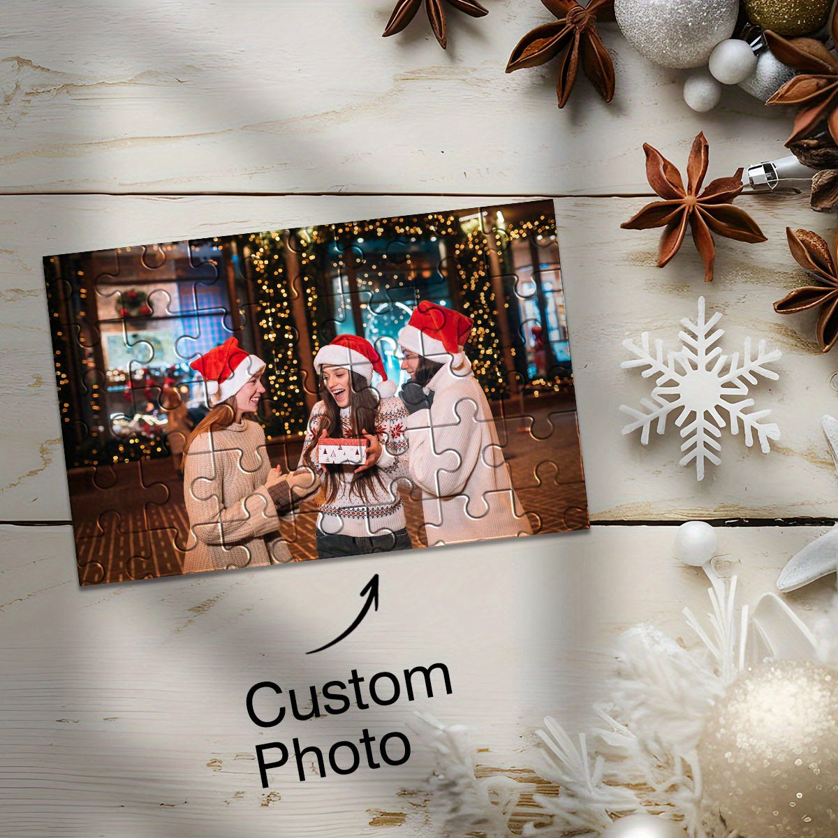 Custom Wooden Photo Puzzle Christmas Scene Santa Hats