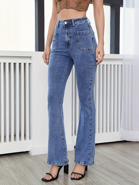 High Waist Flared Jeans with Patch Pockets