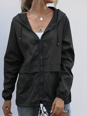 Casual Hooded Jacket Drawstring Solid Long Sleeve