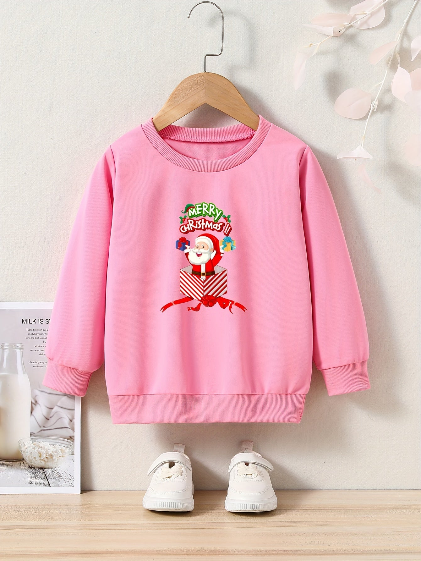 Christmas Santa Print Girls Sweatshirt Crew Neck Tops
