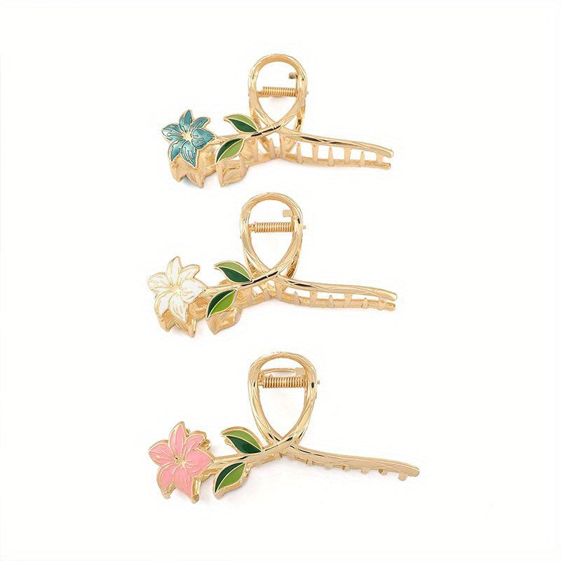 3pcs Flower Shape Metal Hair Claw Large Floral Shark Claw Non slip Hai...