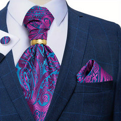 Mens Silk Cravat Set Paisley Ascot Pocket Square Cufflinks
