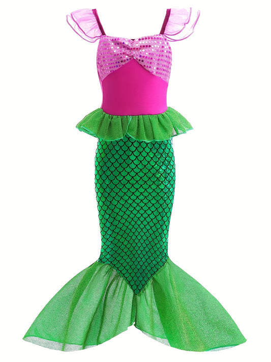 Girls Block Ruffle Trim Mermaid Princess Dress Costume Dress Up
