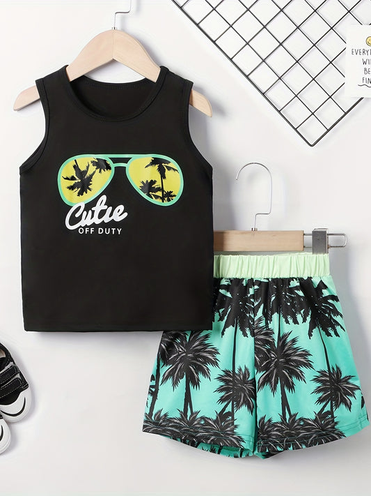 Boy's Sunglasses & Coconut Tree Print Tank Top Shorts Set