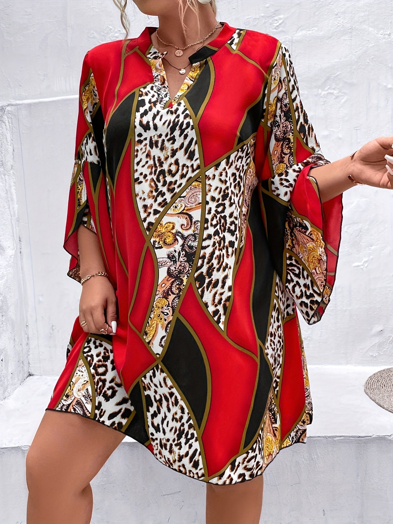  Colorblock Leopard Print Layered Sleeve Dress