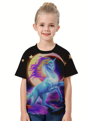 Moon & Unicorn 3D Graphic Tee for Girls - Summer Sports