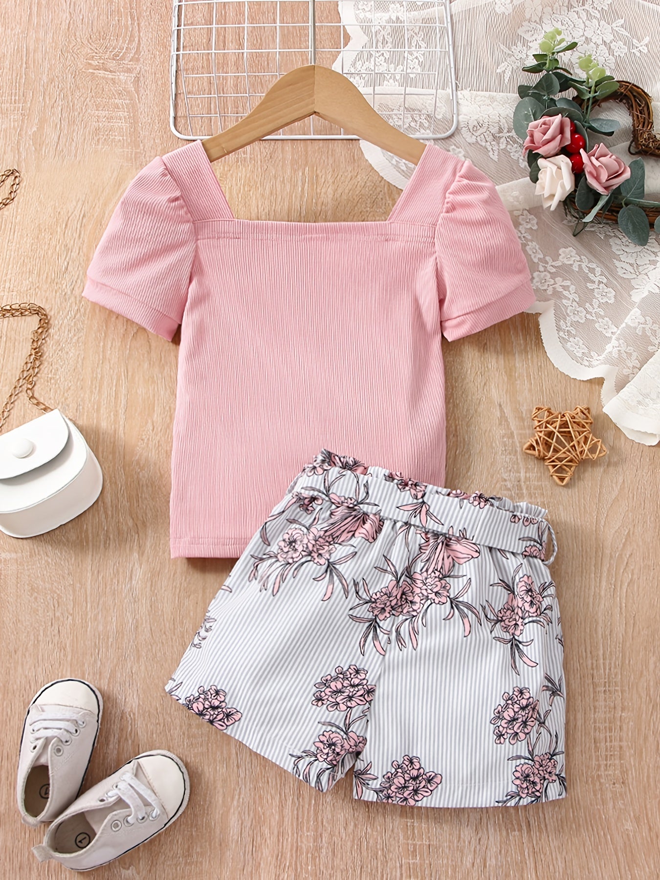 Girls Puff Sleeve Top & Stripes Flowers Shorts Set - Kids Summer Clothes