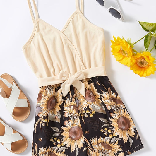 Girls Floral Print Sunflower Dress Sleeveless Casual Suspenders