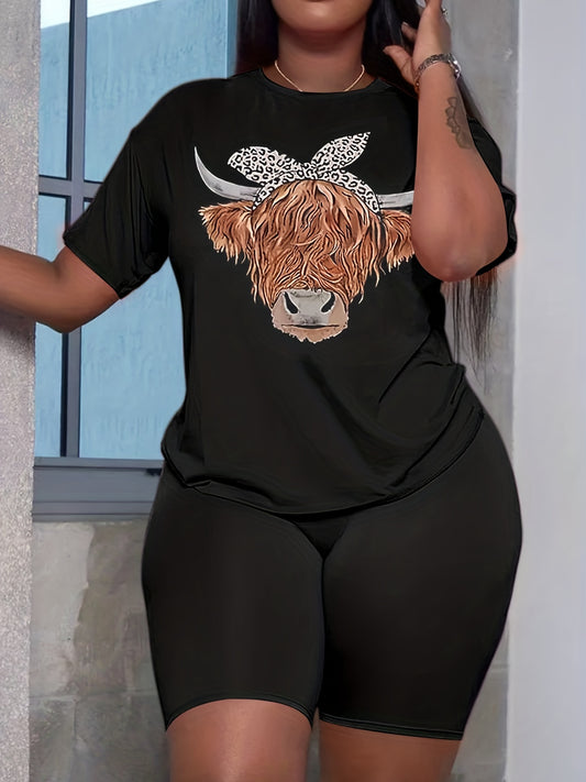 Cow Head Print Two piece Shorts Set Women's Clothing