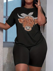 Cow Head Print Two piece Shorts Set Women's Clothing