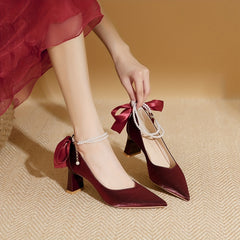 Pearl Chain Chunky Heel Wedding Pumps Bowknot Detail