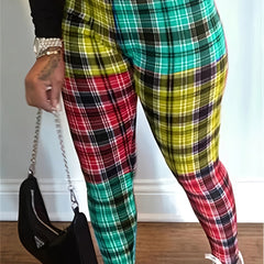  Colorblock Plaid Print Leggings Medium Stretch Elastic Waist
