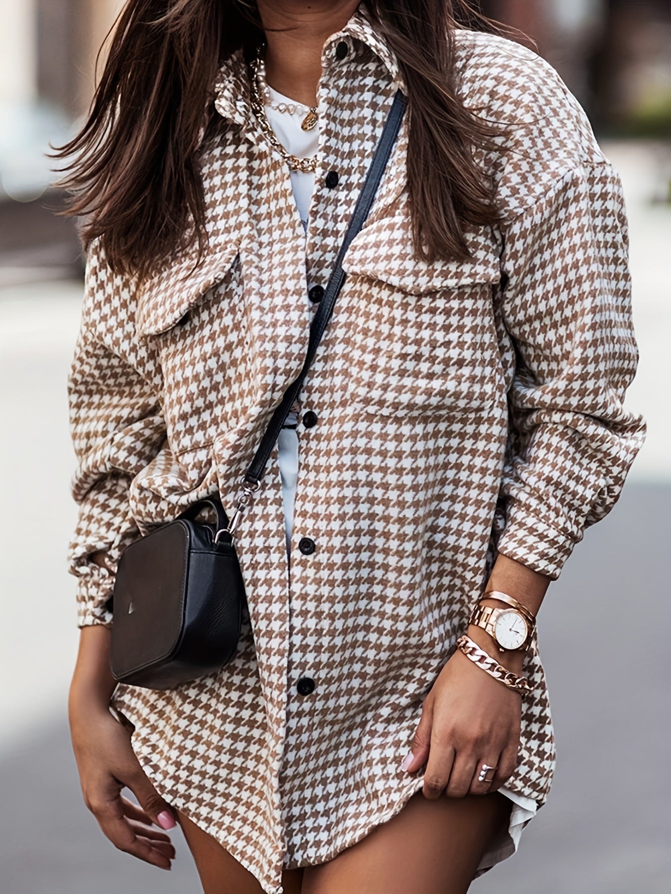 Houndstooth Print Shacket Jacket Casual Button Front