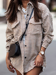Houndstooth Print Shacket Jacket Casual Button Front