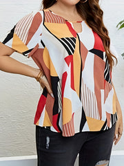  Colorblock Geometric Print Short Sleeve Blouse