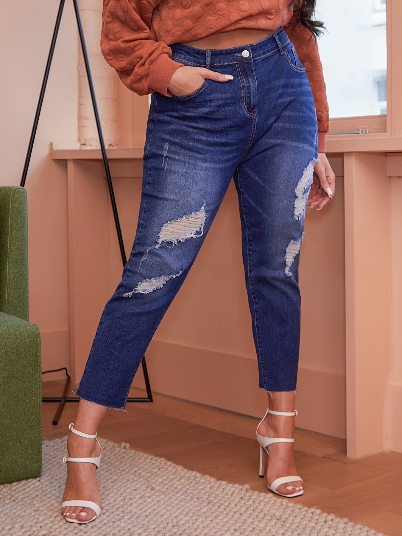  Ripped Straight Leg Cropped Jeans Women's Plus Medium Stretch Jeans