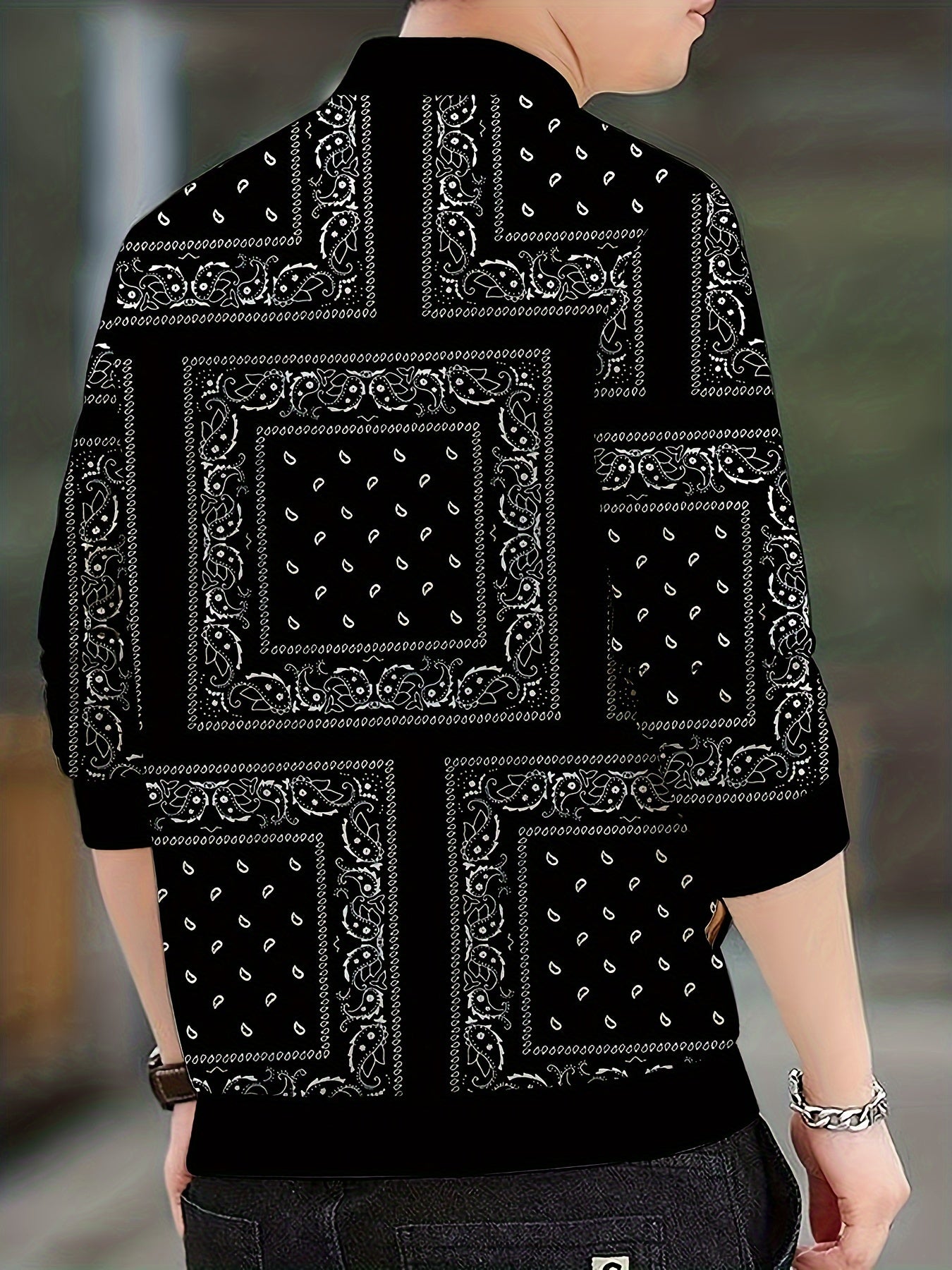Men's Casual Paisley Pattern Soft shell Jacket Baseball Collar Varsity Jacket
