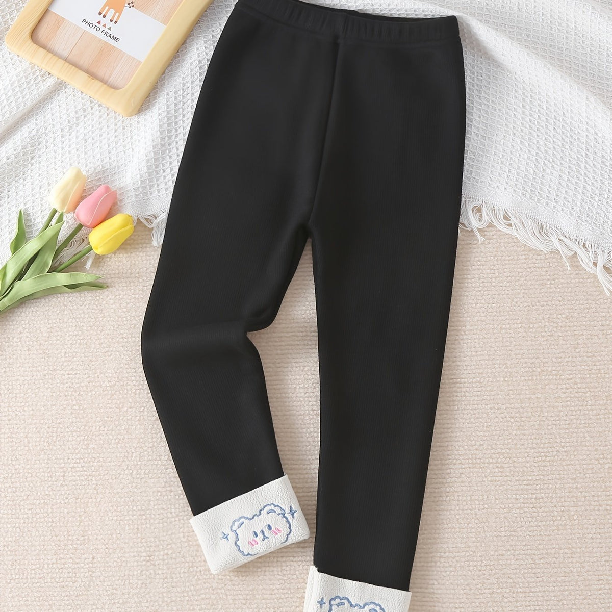 Girls Bear Embroidery Thermal Fleece Leggings for Autumn/Winter