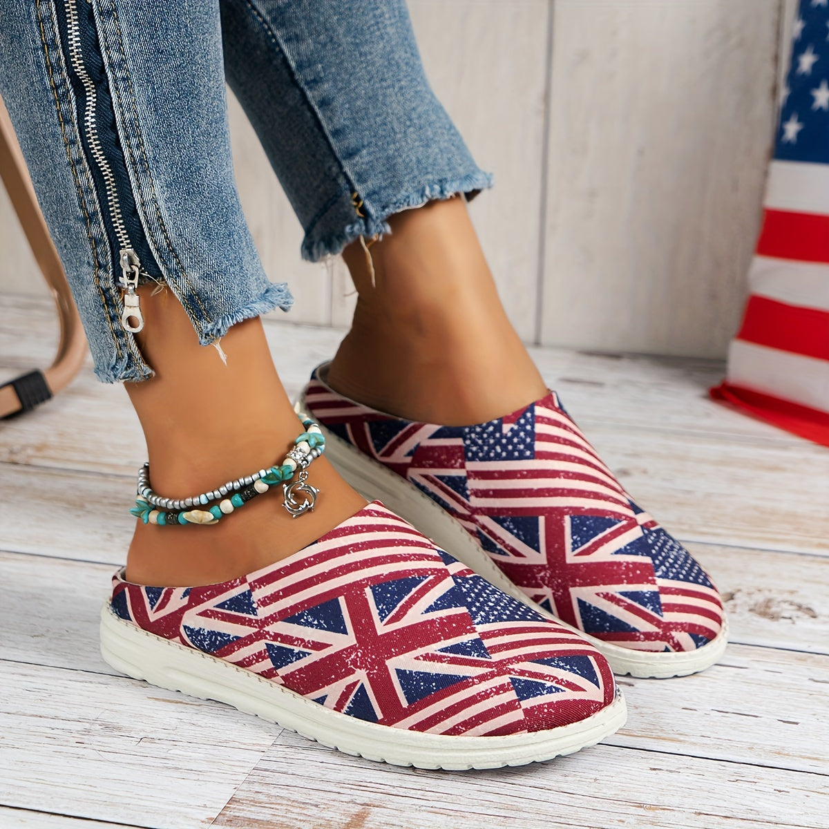 Women's Star & Striped Pattern Mule Sneakers Casual Slip On Canvas Shoes