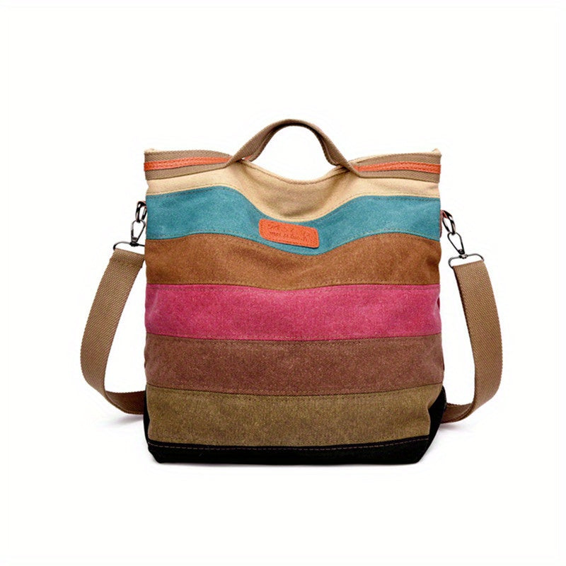 Rainbow Canvas Tote Bag Vintage Stitching Shoulder Bag