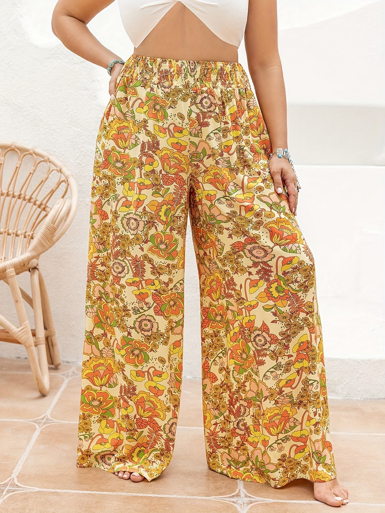 Floral Print High Rise Wide Leg Trousers