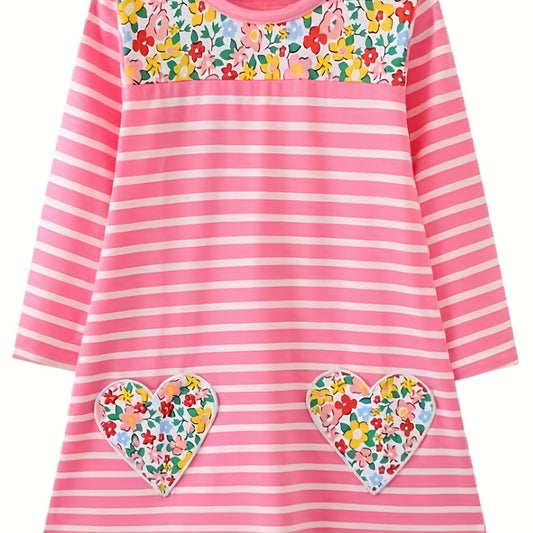 Girls' Stripe Flower Patch Long Sleeve Dress 2-8 Years