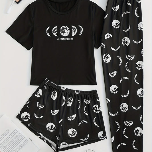  Moon Print Pajama Set Short Sleeve T-shirt & Shorts & Pants