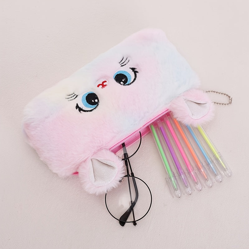 Plush Tie Dye Cat Zipper Pencil Bag Organizer Coin Purse Wallet