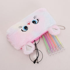 Plush Tie Dye Cat Zipper Pencil Bag Organizer Coin Purse Wallet