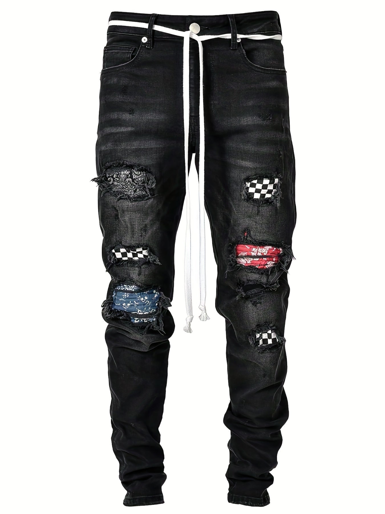 Plaid Ripped Jeans Men s Casual Street Style Distressed Denim Pants