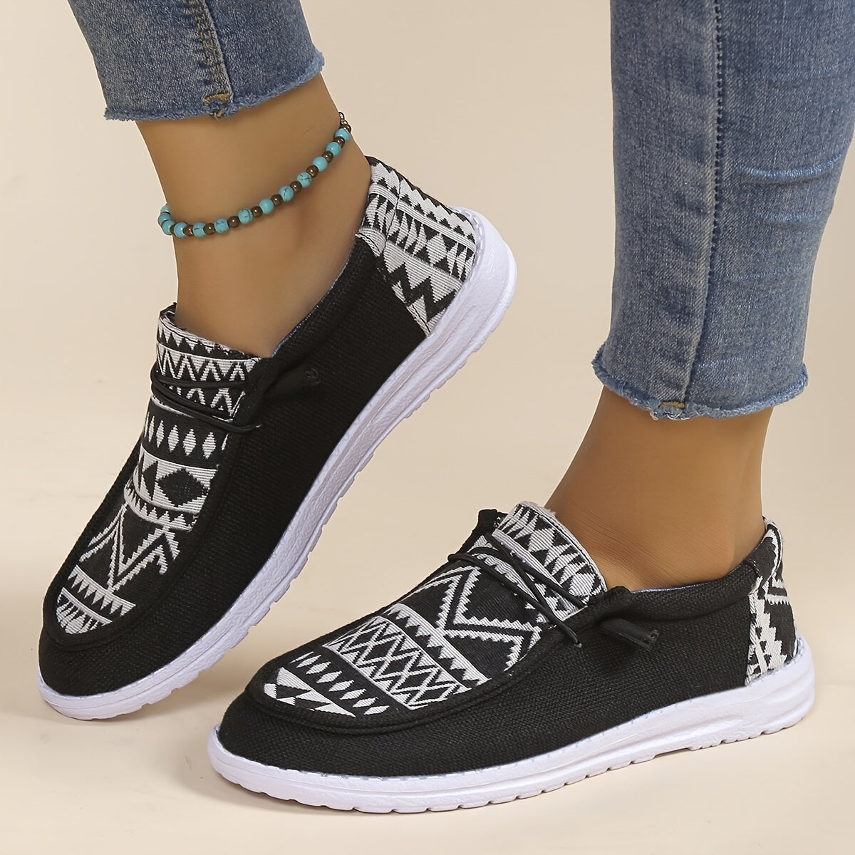 Women's Geometric Pattern Canvas Slip-On Loafers
