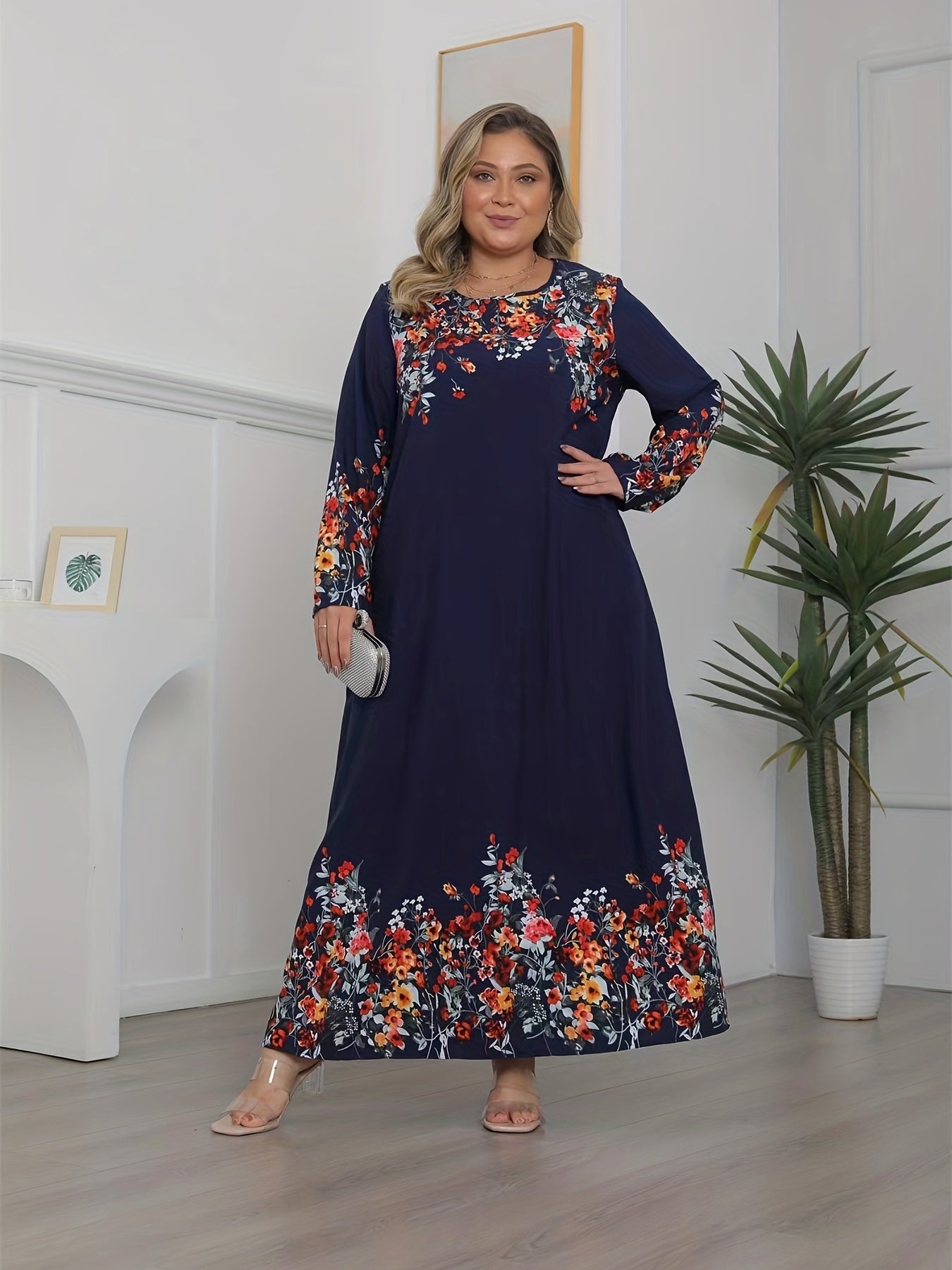  Floral Print Long Sleeve Maxi Dress