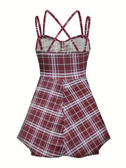 Women's Plus Plaid Print Ruched Criss Cross Cami Dress