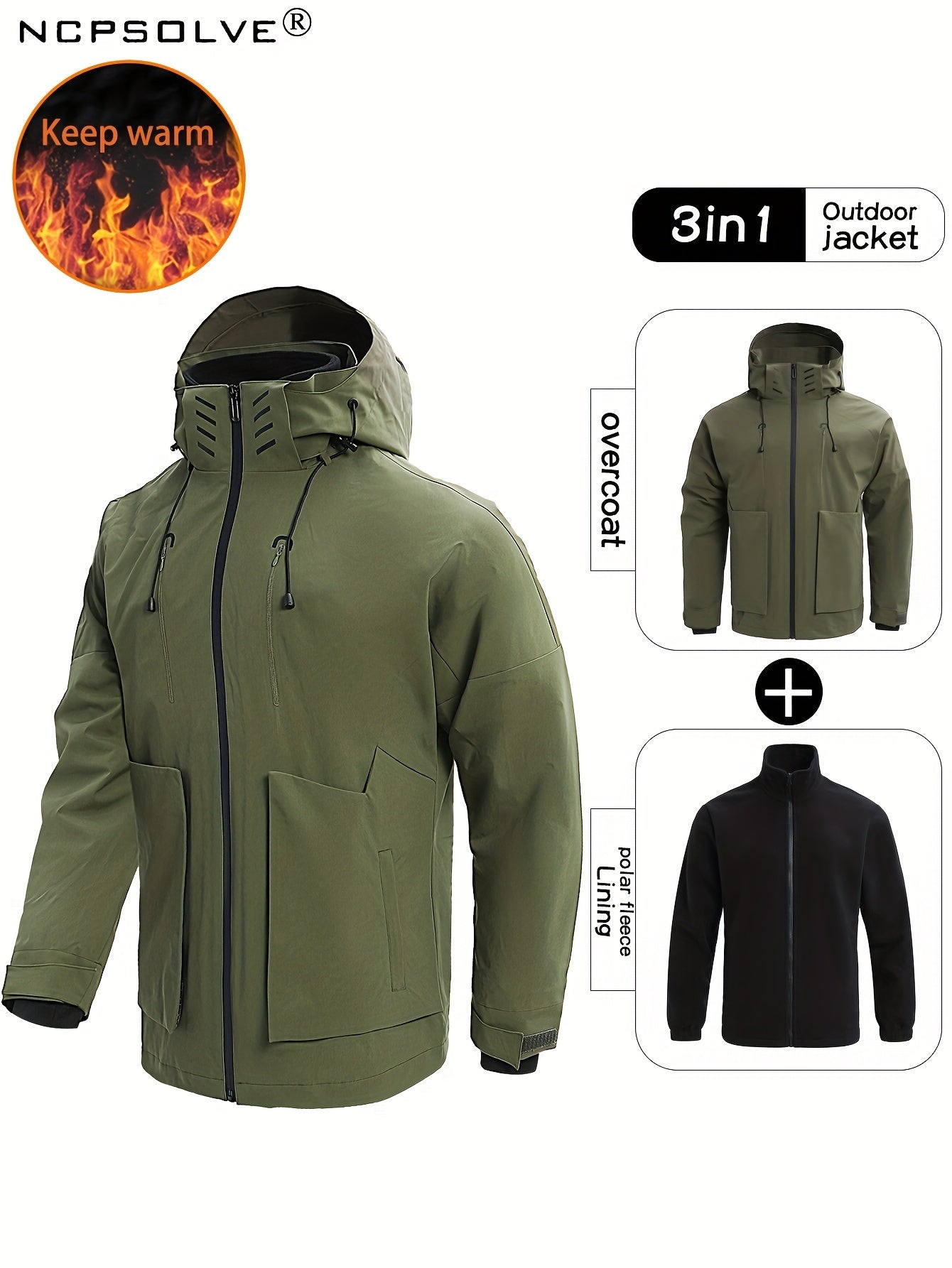 Men's 3 In 1 Zip Hooded Hiking Jacket Large Pocket