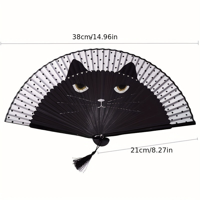 Cat Pattern Folding Fan Portable Handheld Cartoon Retro Bamboo Fan