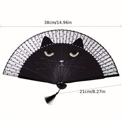Cat Pattern Folding Fan Portable Handheld Cartoon Retro Bamboo Fan