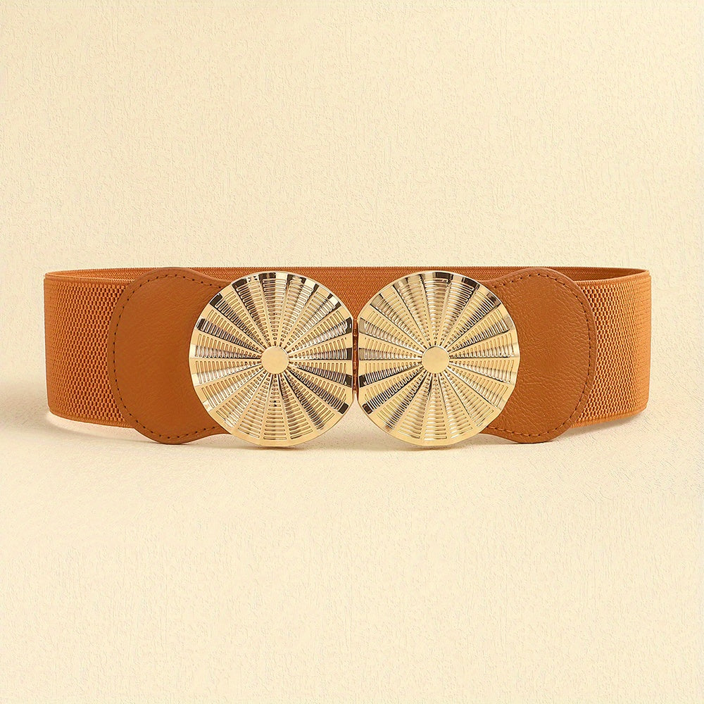 Geometric Circle Wide Belt PU Leather Elastic Waistband