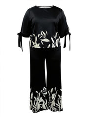 Women's Plus Floral Print Knot Split Top & Wide Leg Pants Set
